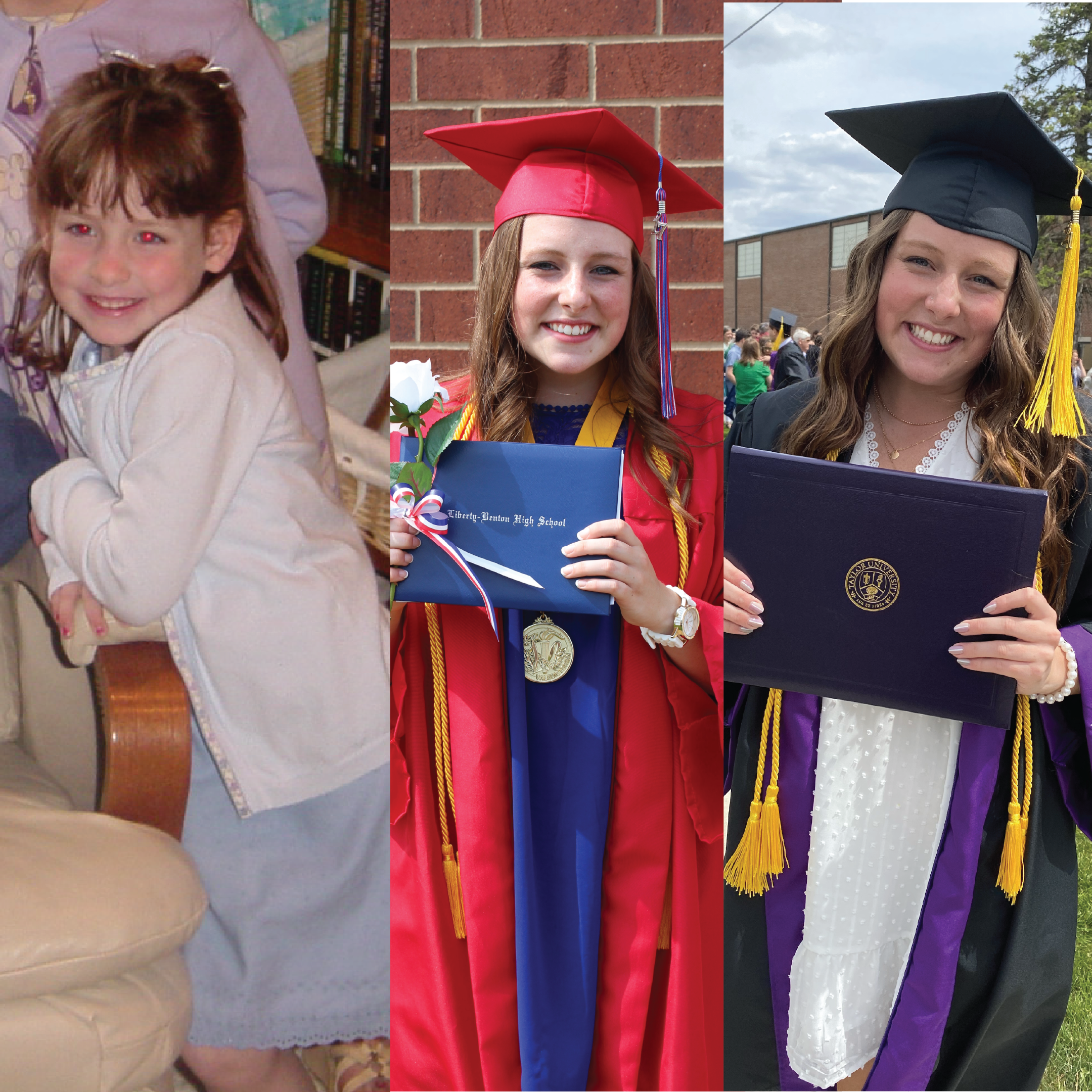Maddy as a child, graduating high school and graduating college